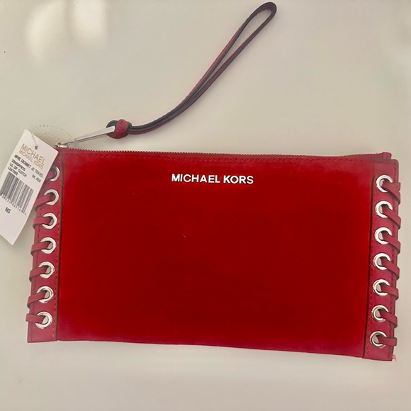 Michael Kors Hippie Grommet, Lrg zipper Red Leather Clutch - Picture 1 of 4